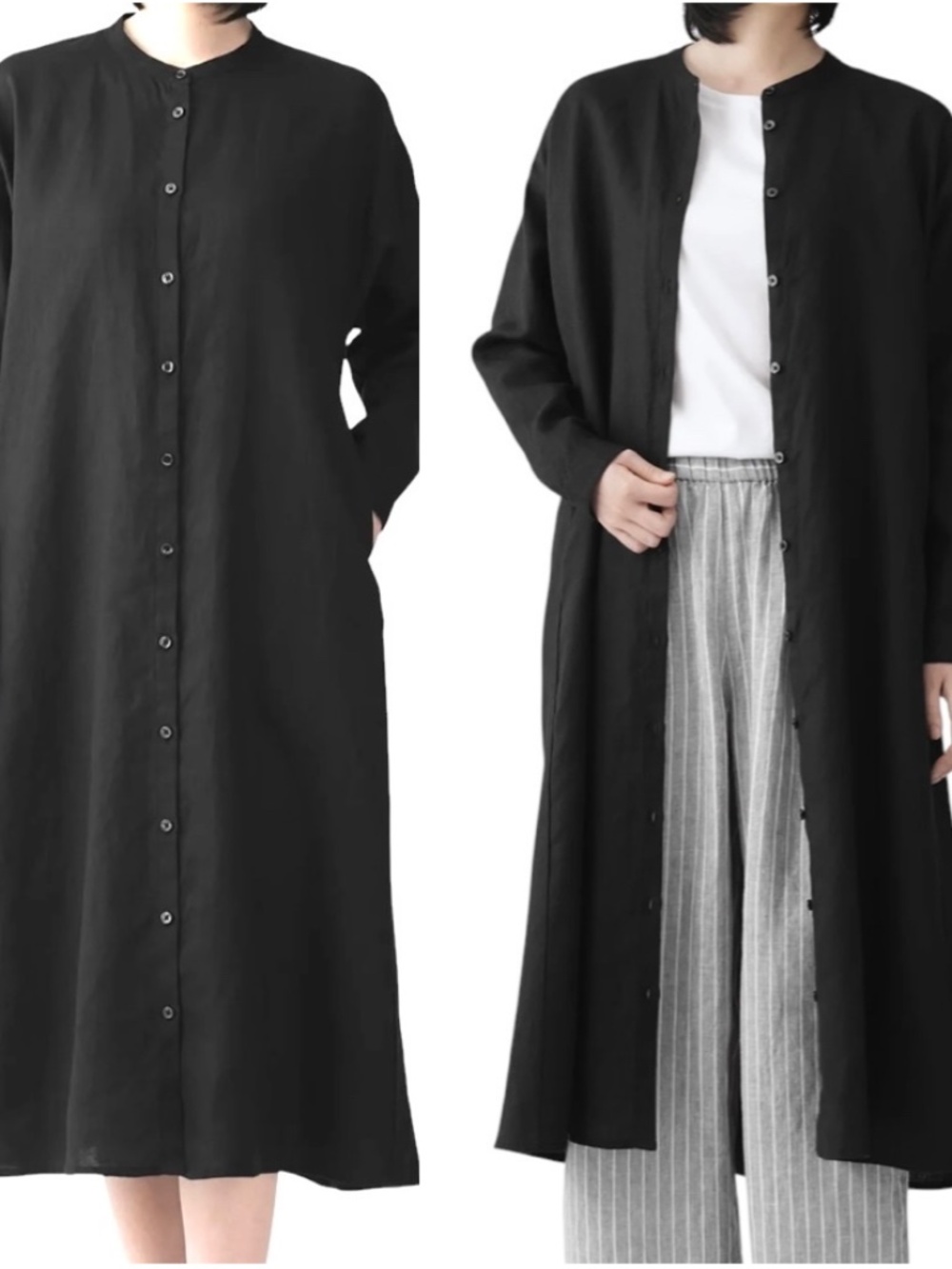 dress MUJI black linen XS/S tunic button front long sleeve pockets! round neck